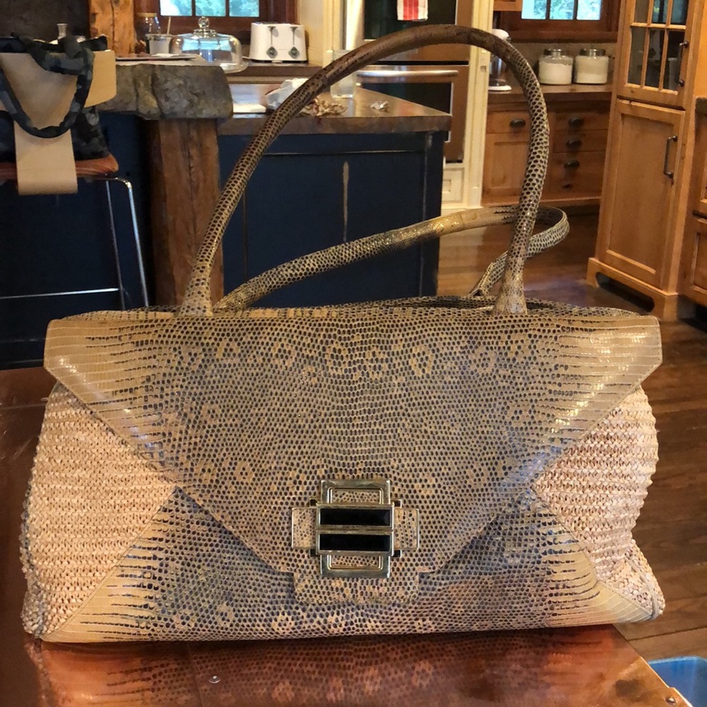 Python And Straw Handbag With Gemstone Clasp - image 1